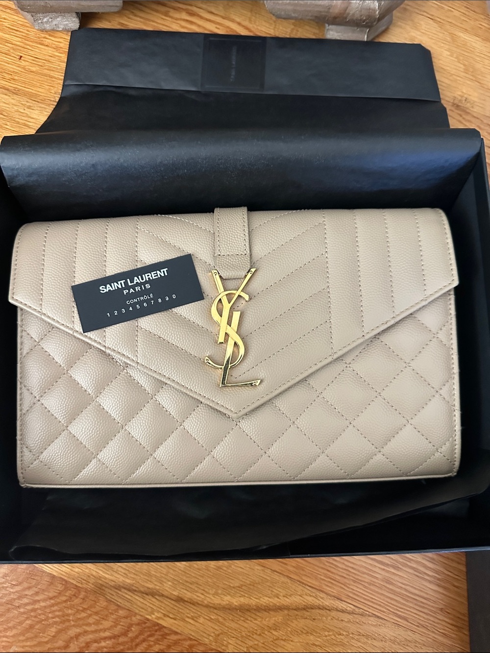 Yves Saint Laurent Beige Quilted Leather Envelope Chain Wallet - Picture 10 of 13